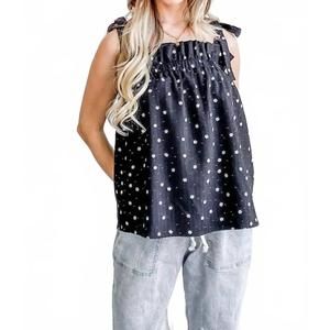 NEW AND THE WHY daisy polka dot print ruffle tank top in black